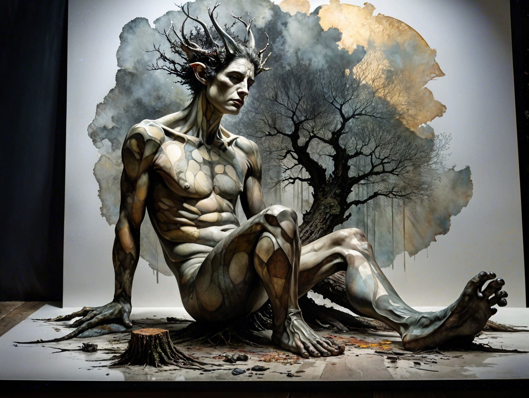 Surreal Figure Blending Human and Tree Elements