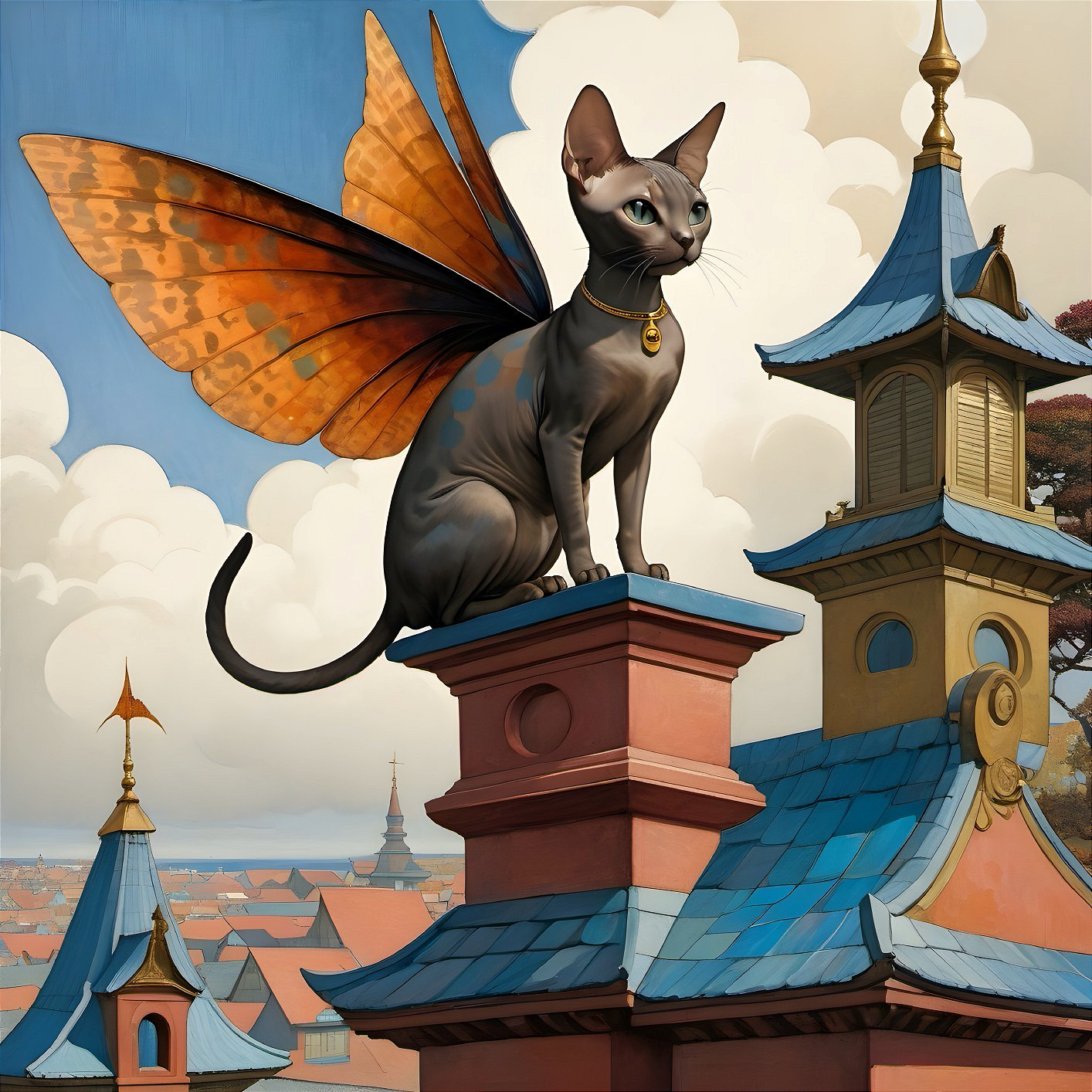 Sphinx Cat with Butterfly Wings Over Cityscape