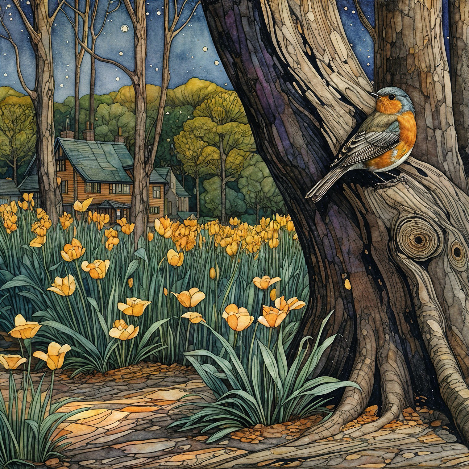 Bird on Tree in Flower-Filled Meadow at Night