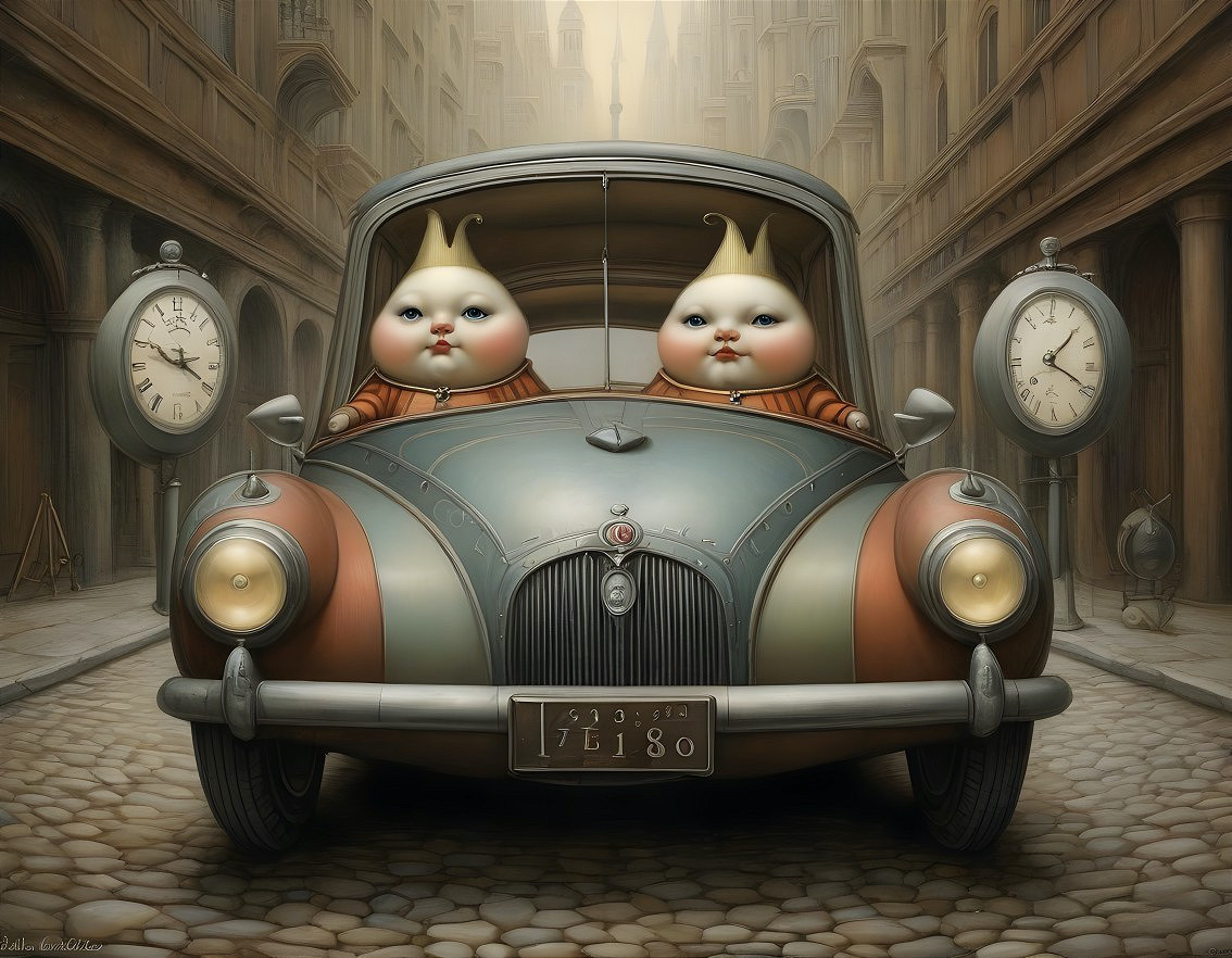 Whimsical Creatures in Vintage Car on Dreamlike Street