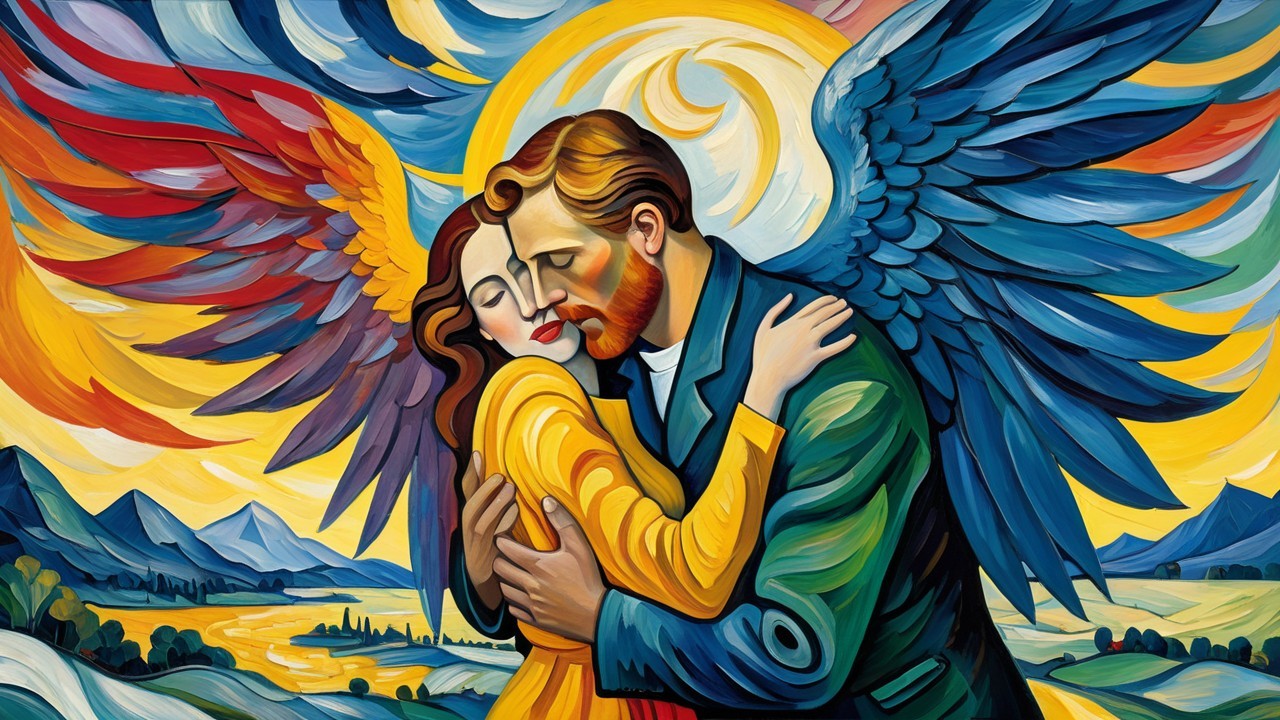 Vibrant Painting of Embracing Couple with Wings