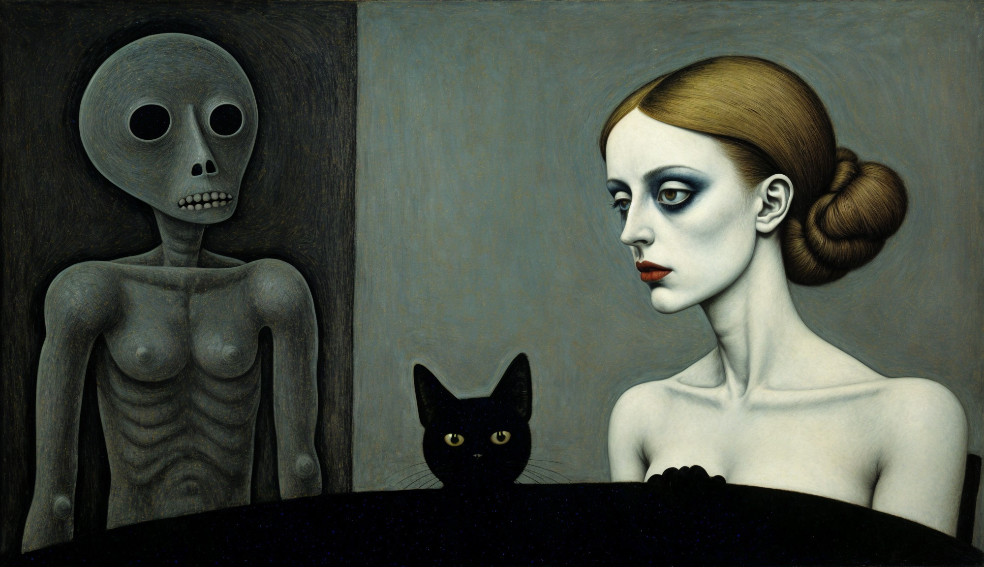 Surreal Scene with Pale Woman, Cat, and Skeletal Figure