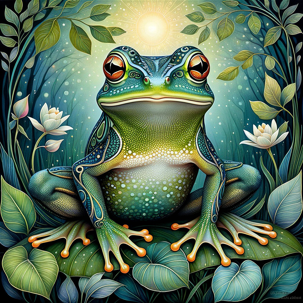 Vibrant Frog in Lush Greenery with Water Lilies