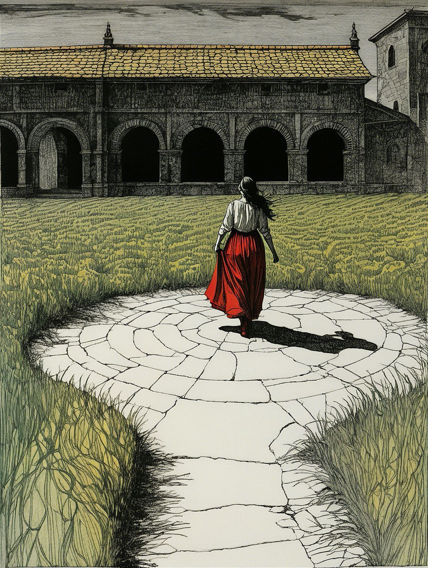 Woman in Red Skirt Walking on Cobblestone Path