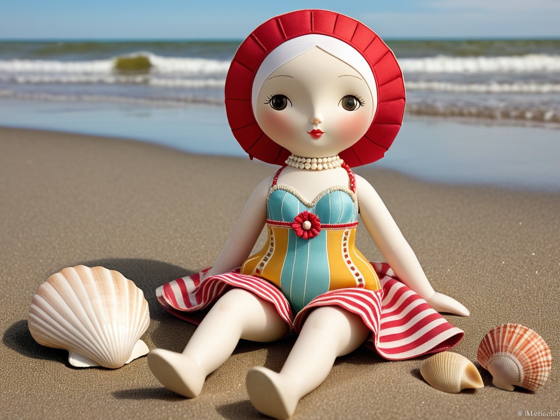 Doll on Sandy Beach in Colorful Swimsuit and Hat