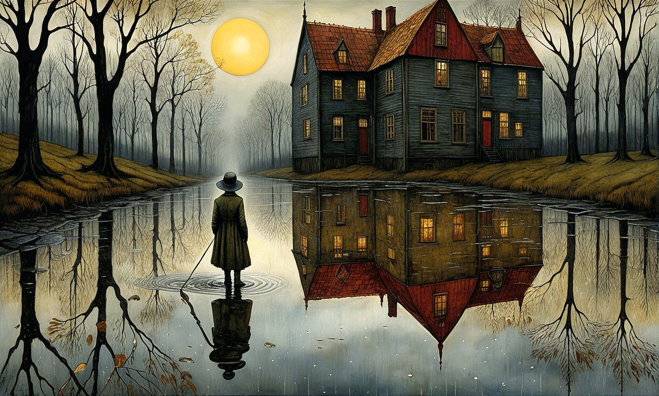 Solitary Figure by Tranquil River and Quaint House