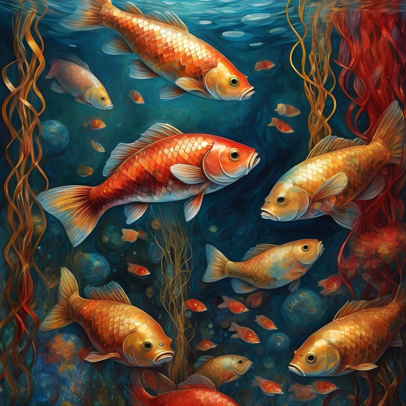 Vibrant Underwater Scene with Colorful Goldfish