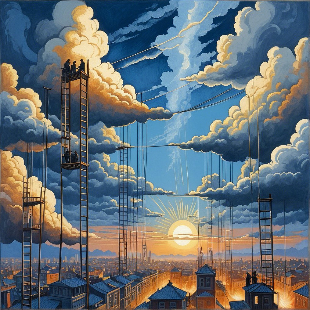 Vibrant Cityscape at Sunset with Silhouetted Figures