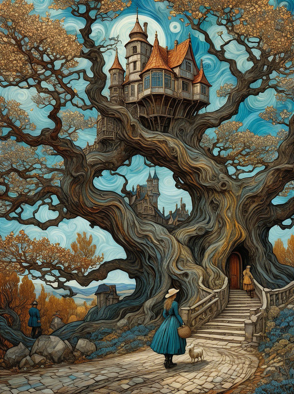 Whimsical Landscape with Tree and Fairytale Castle