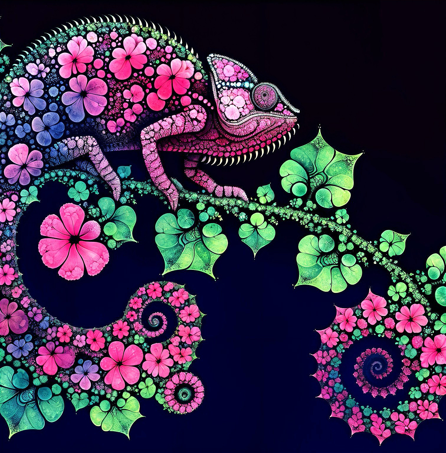Chameleon Artwork with Floral Patterns on Black Background