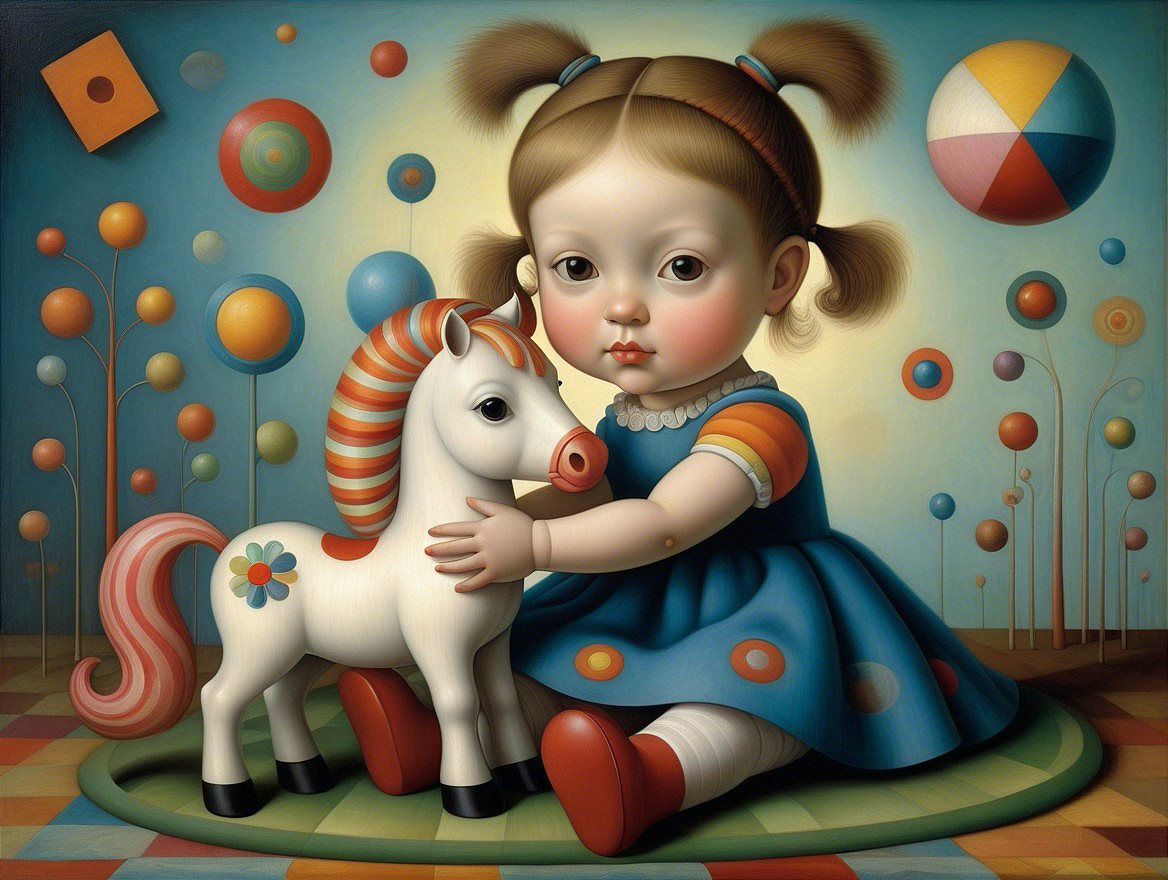 Colorful Illustration of a Girl with a Toy Horse