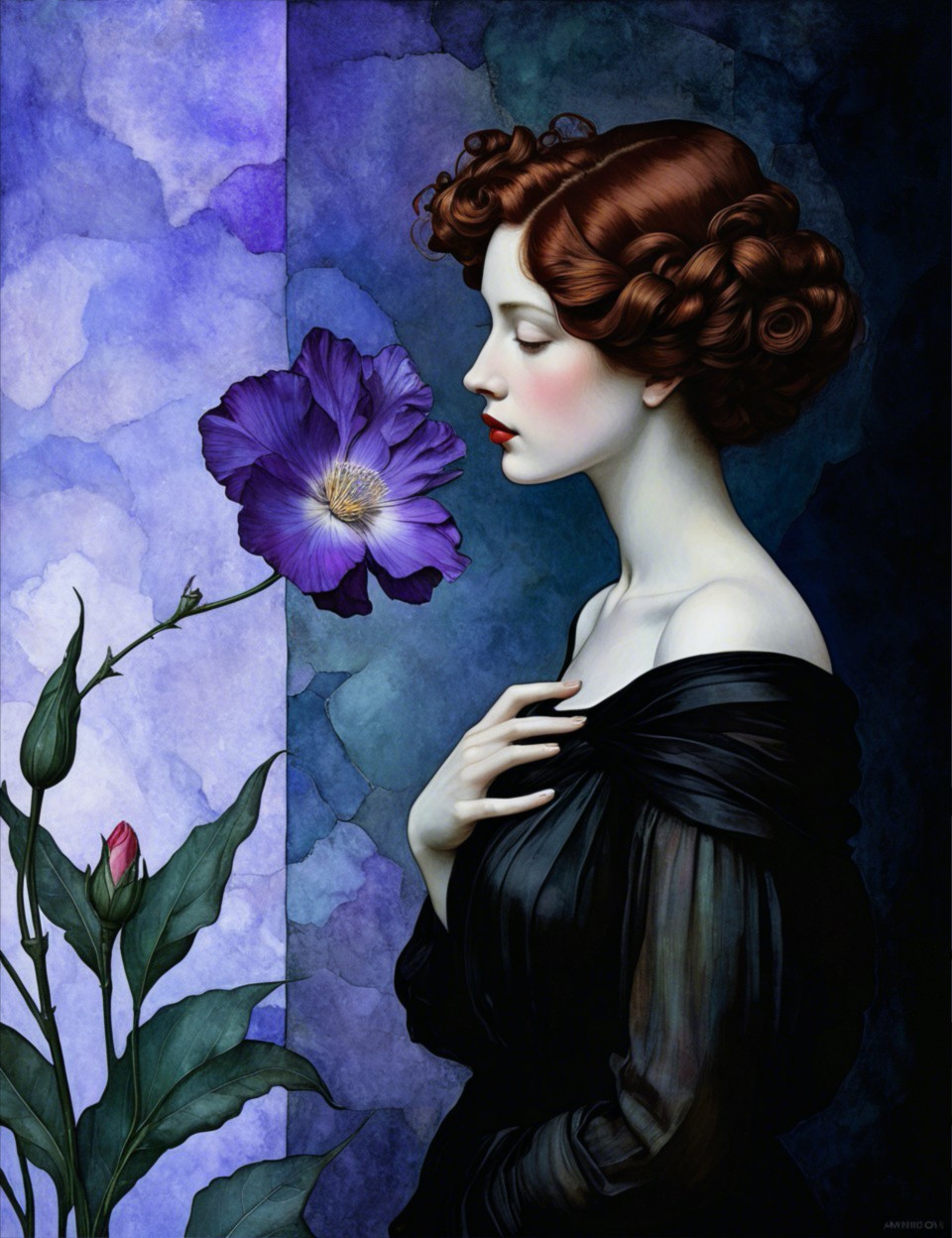 Profile of a Woman with Flower in Deep Blue Background