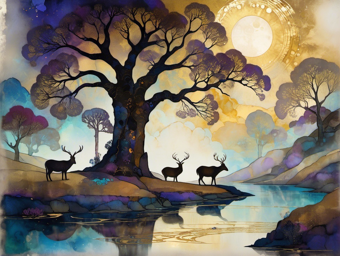 Serene landscape with tree, deer, and golden moon