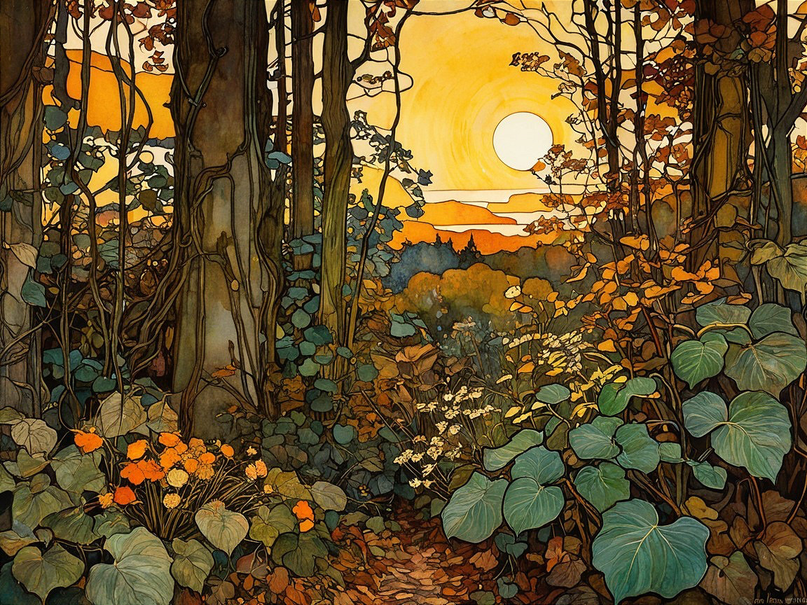 Serene Woodland Scene at Sunset with Autumn Colors