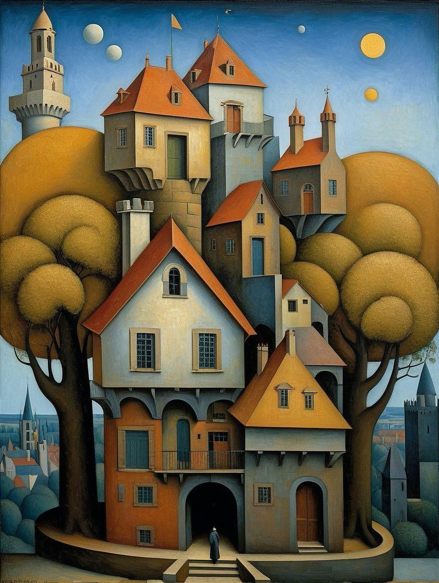 Surreal Painting of Houses on Stylized Trees