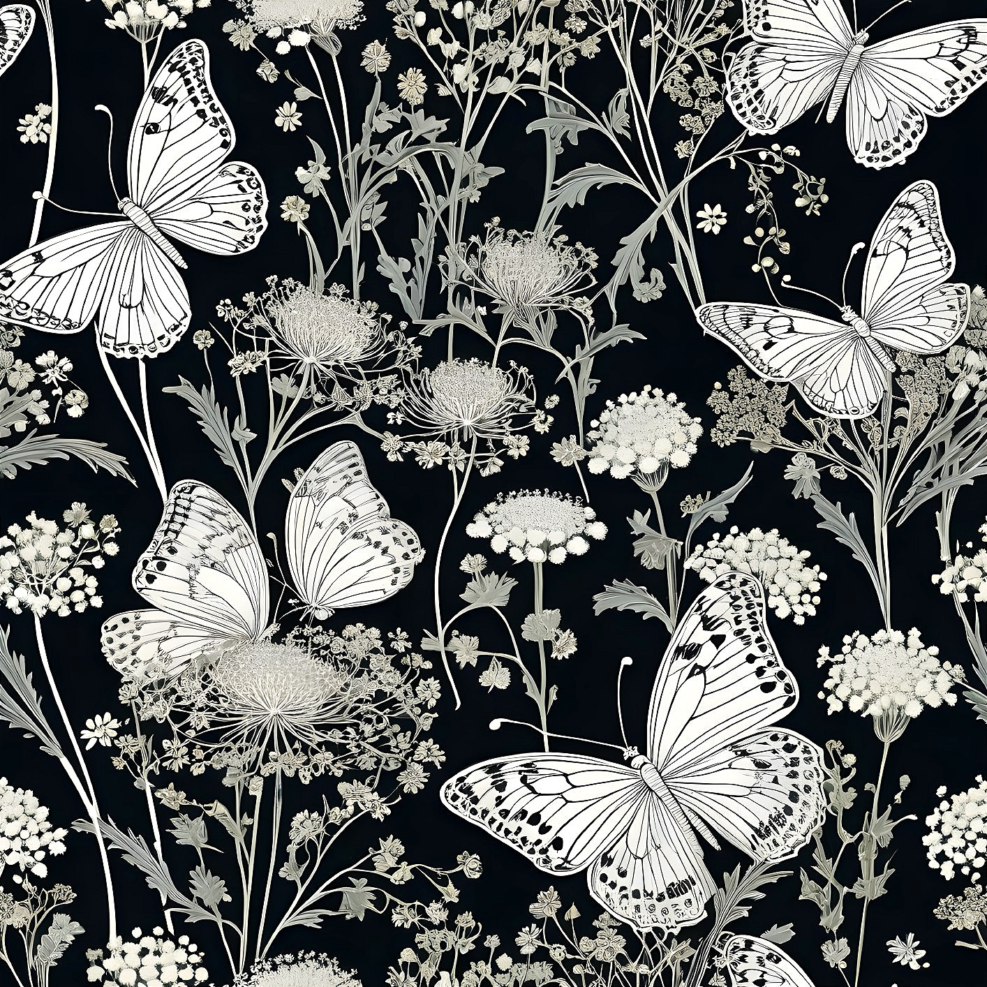 Intricate Butterfly and Flower Pattern on Black Background