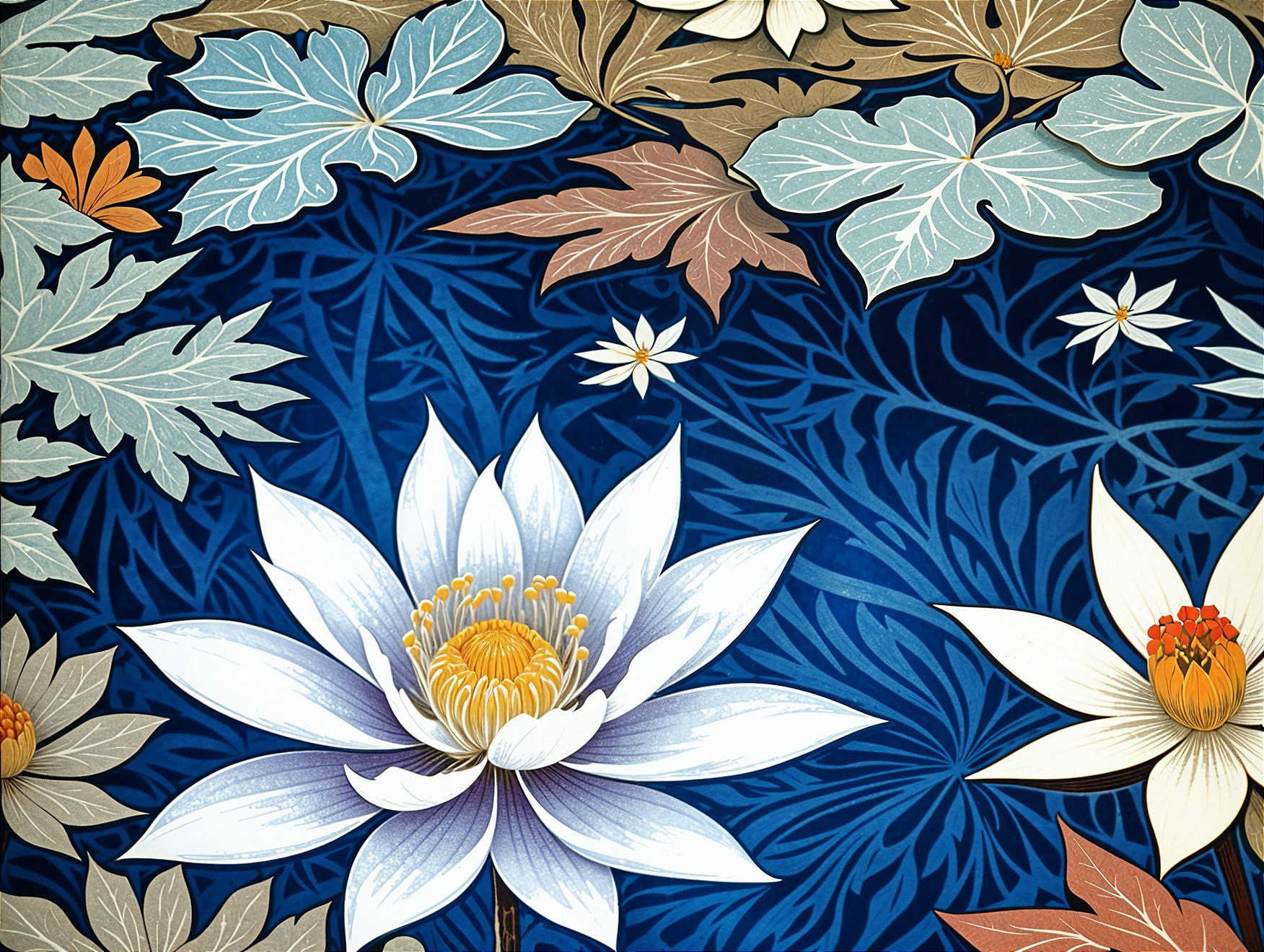 Vibrant Floral Pattern with Water Lilies on Blue Background