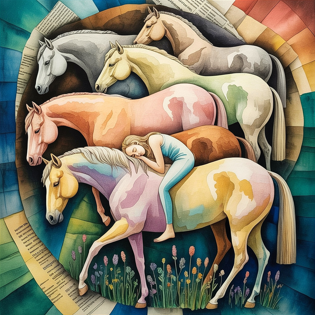 Serene Artwork of a Woman and Colorful Horses