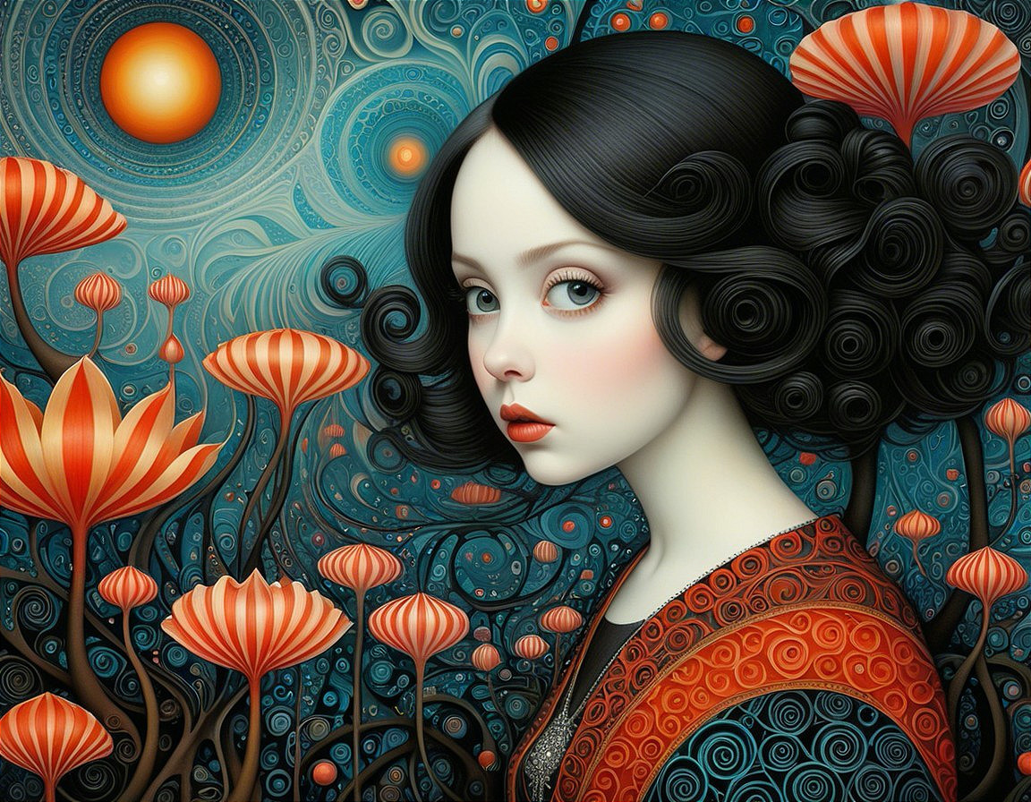 Stylized girl with black curls in vibrant floral setting