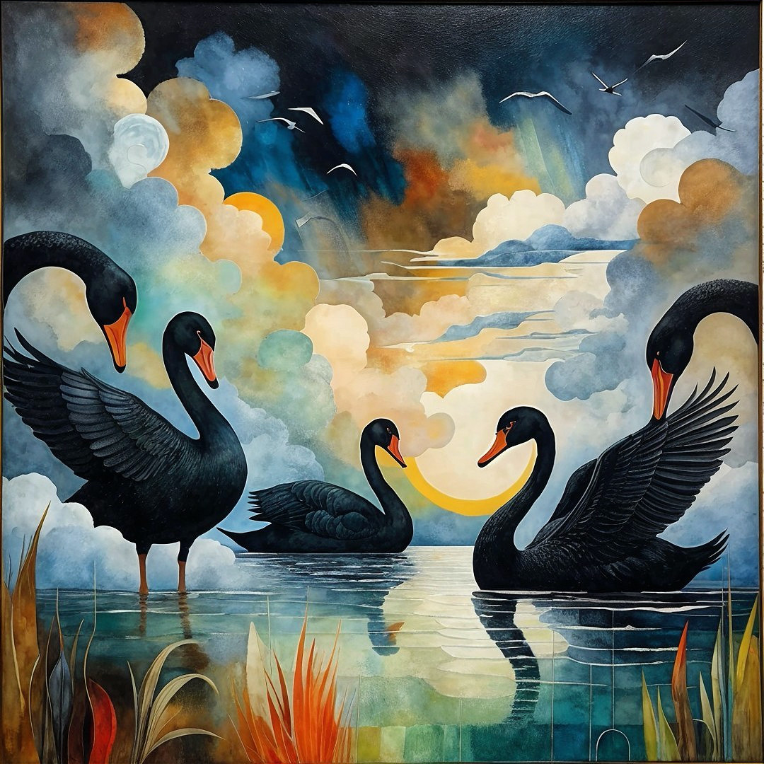 Black Swans Swimming in a Serene Sunset Scene