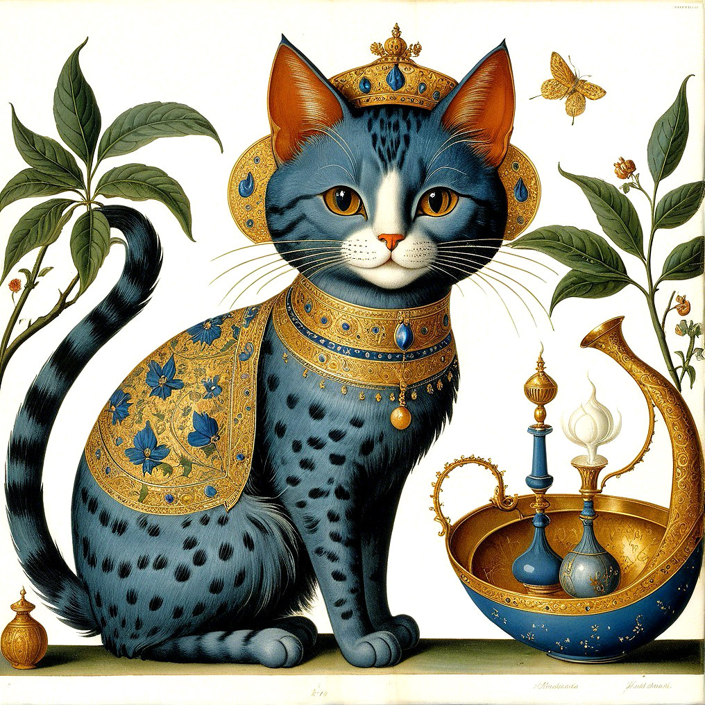 Regal blue cat in gold attire among lush greenery