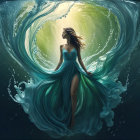 Graceful figure in teal dress amidst flowing water