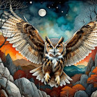 Vibrant Owl in Night Sky with Colorful Clouds and Houses