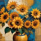 Vibrant Still Life of Sunflowers in Earthy Vase