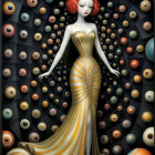 Stylized Woman in Golden Dress Against Dark Background