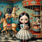 Whimsical Scene with Girl, Carousel Horses, and Balloons