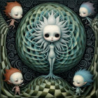 Whimsical Scene with Central Figure and Mechanical Elements