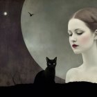 Surreal Scene with Pale Woman, Cat, and Skeletal Figure