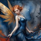 Fairy in Blue and Orange with Golden Wings and Red Hair