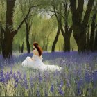 Young Woman in White Dress Among Purple Flowers