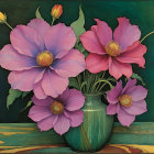 Vibrant Still Life of Pink Flowers in Green Vase