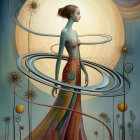 Elegant Figure in Colorful Gown with Cosmic Elements