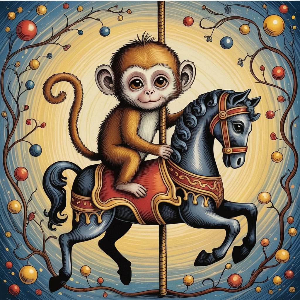 Whimsical Illustration of Monkey on Carousel Horse