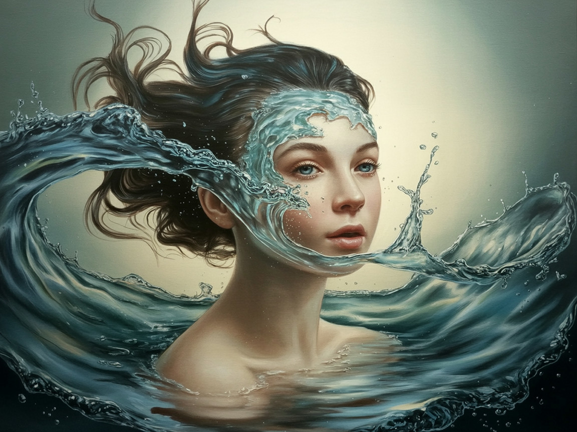 Young Woman in Water with Flowing Hair and Serene Eyes