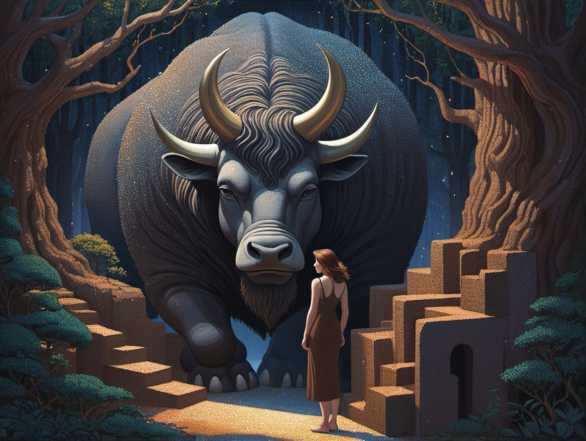 Mystical Scene of Woman and Colossal Bull in Nature