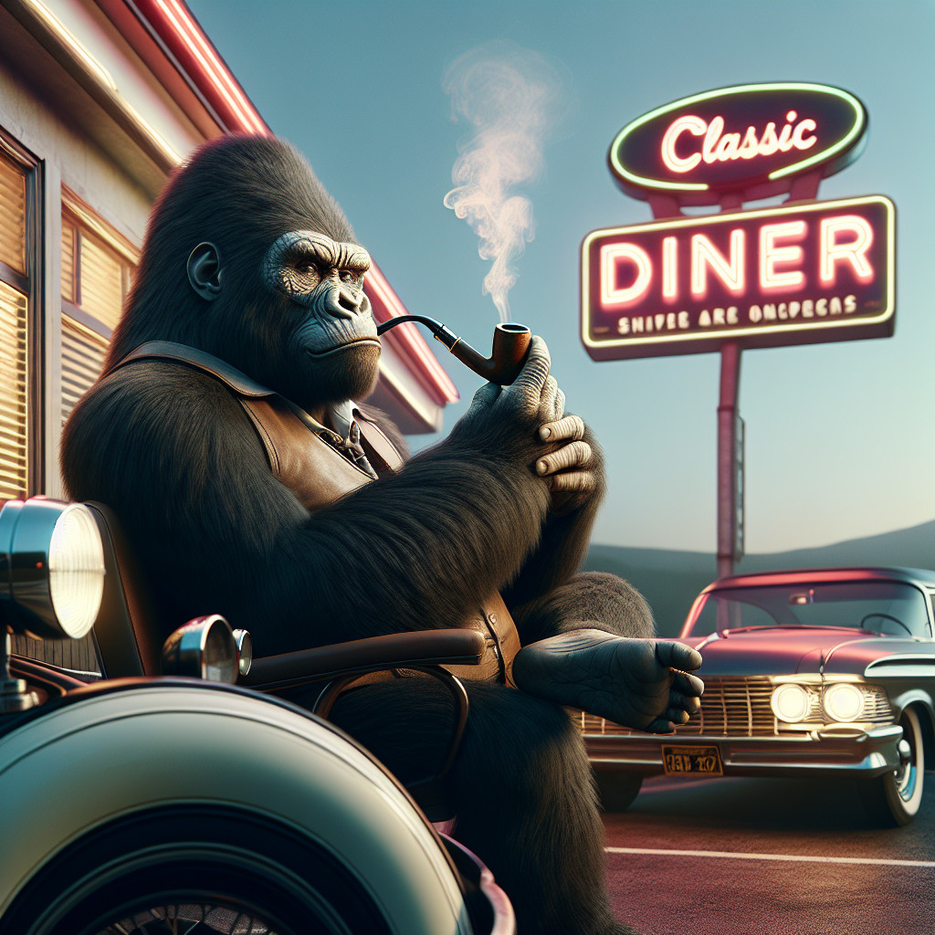 Muscled Gorilla Relaxing Outside Retro Diner