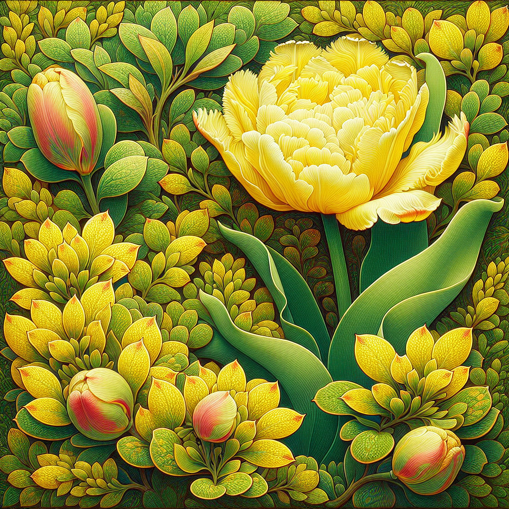 Vibrant Yellow Tulip Surrounded by Lush Greenery