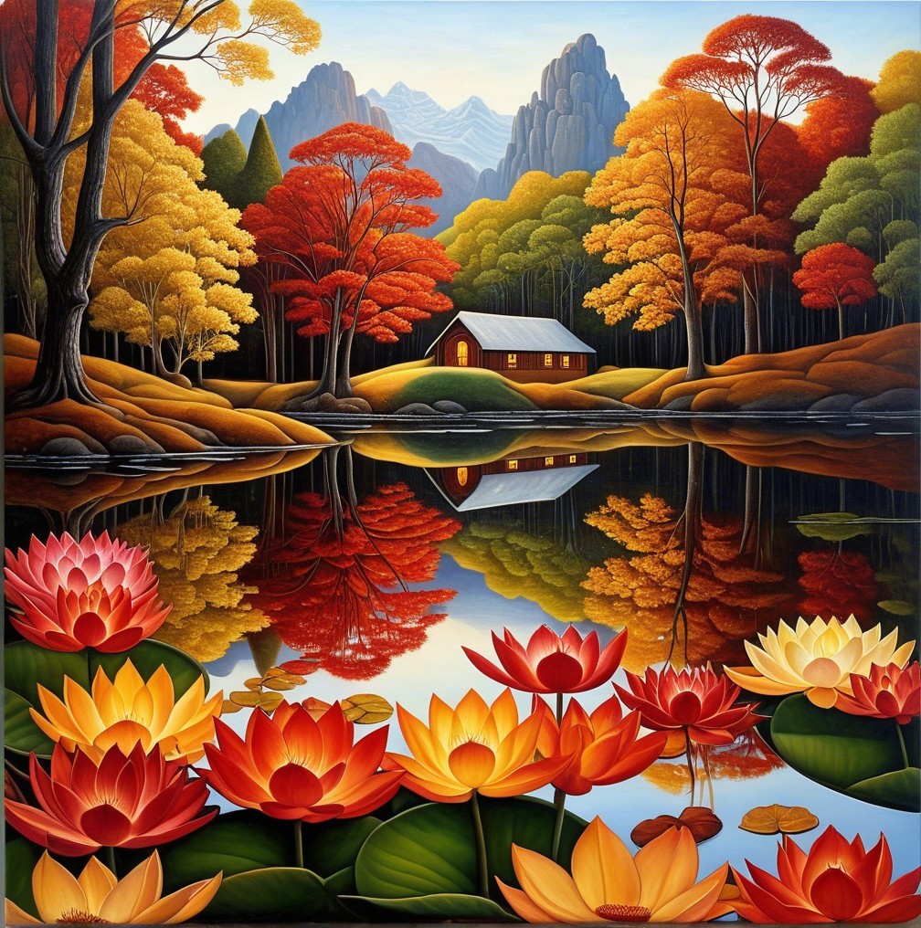 Tranquil Lake with Autumn Trees and Lotus Flowers
