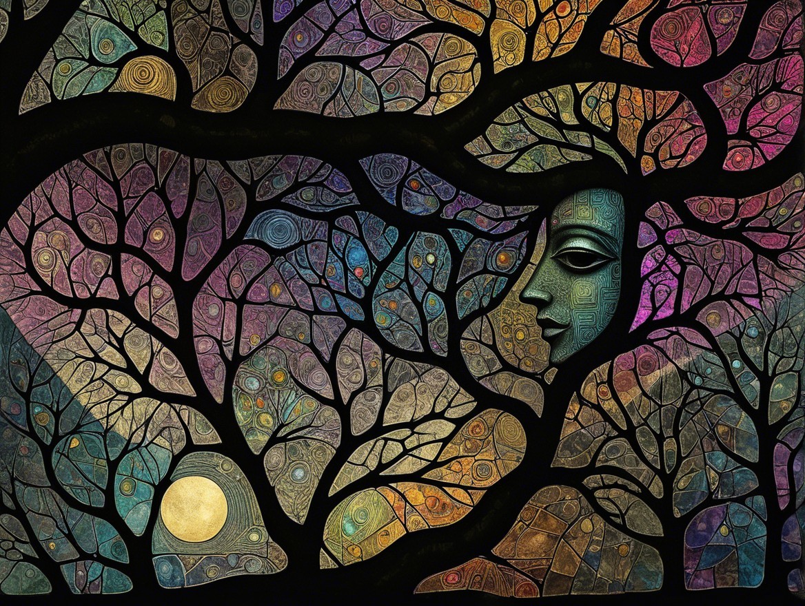 Abstract Trees with Serene Face in Twilight Sky
