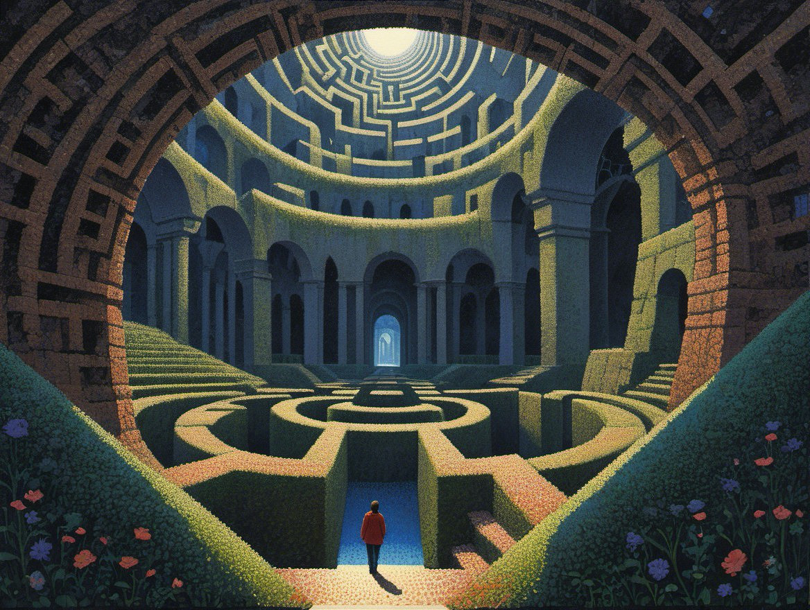 Surreal Labyrinthine Structure with Vibrant Nature Elements