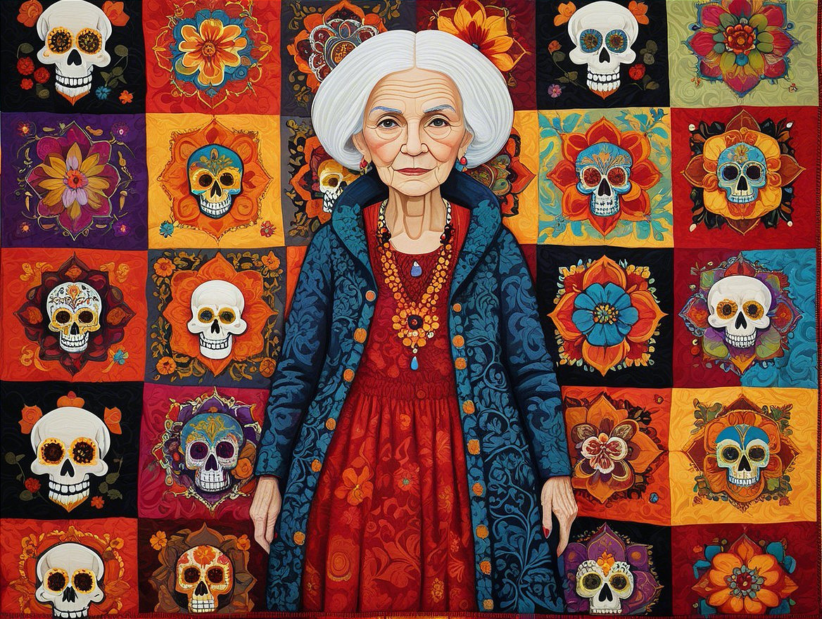 Elderly Woman in Red Dress Against Colorful Backdrop