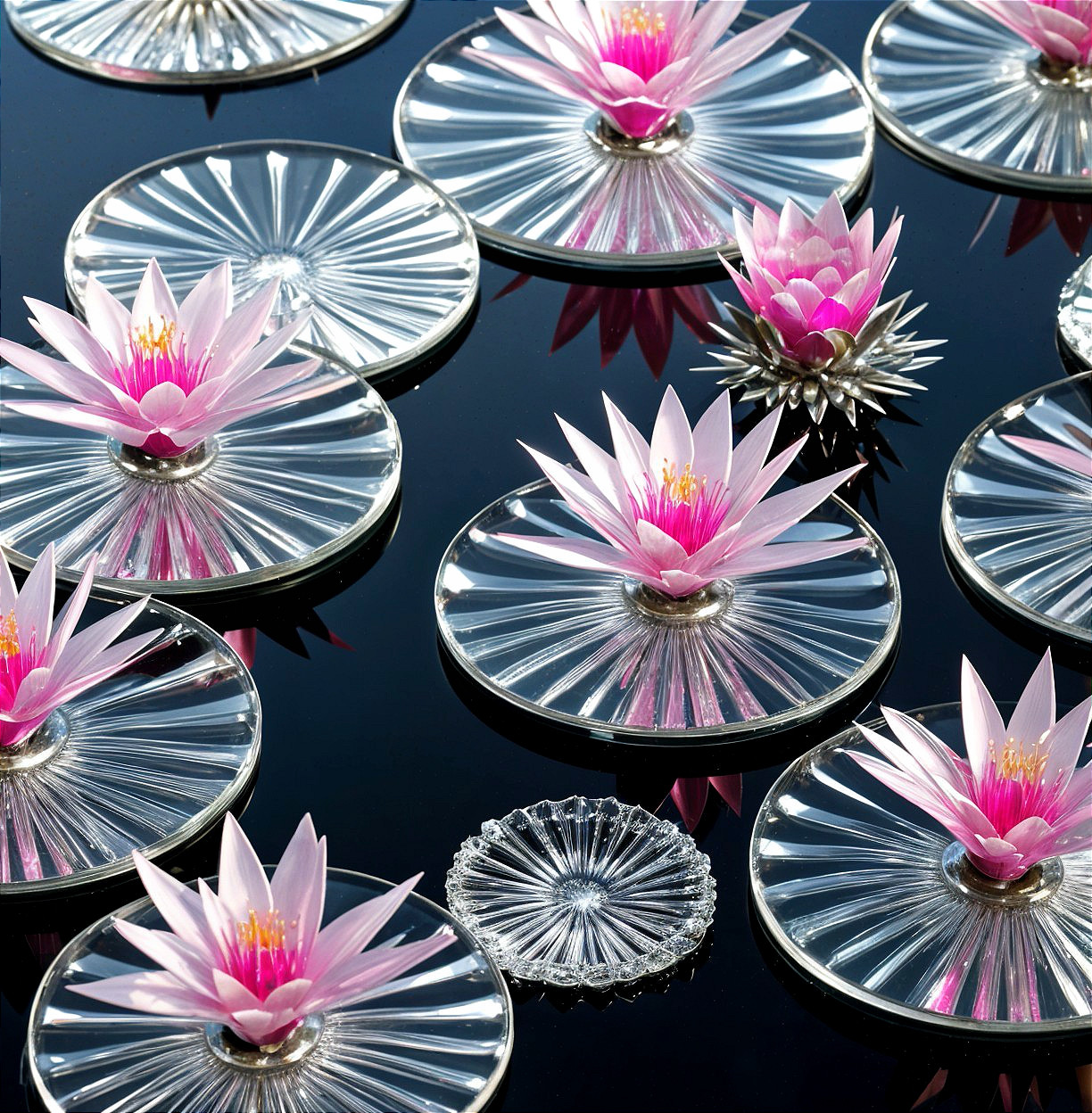 Delicate Pink Water Lilies on Glossy Dark Surface