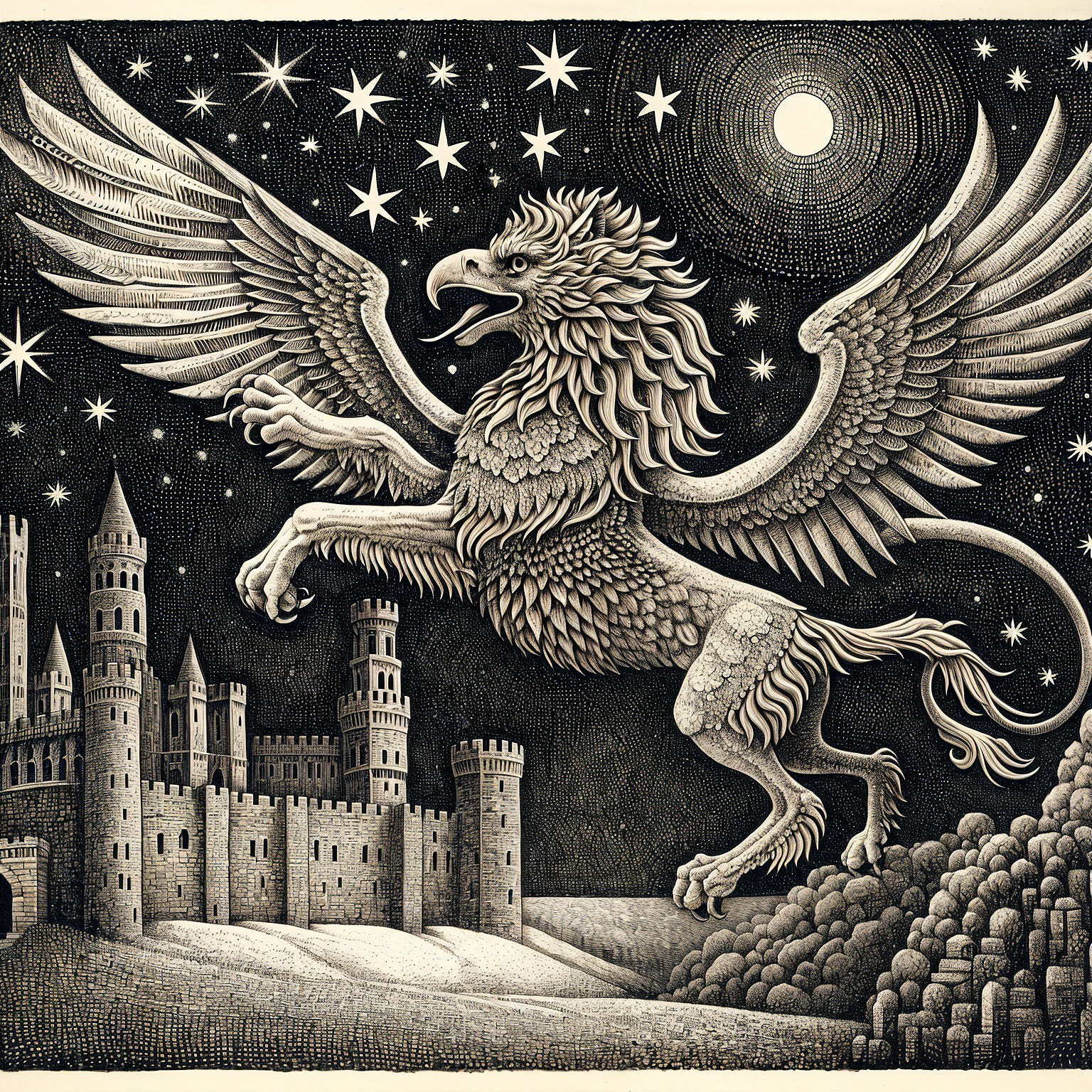 Griffin Soaring Over Medieval Castle at Night