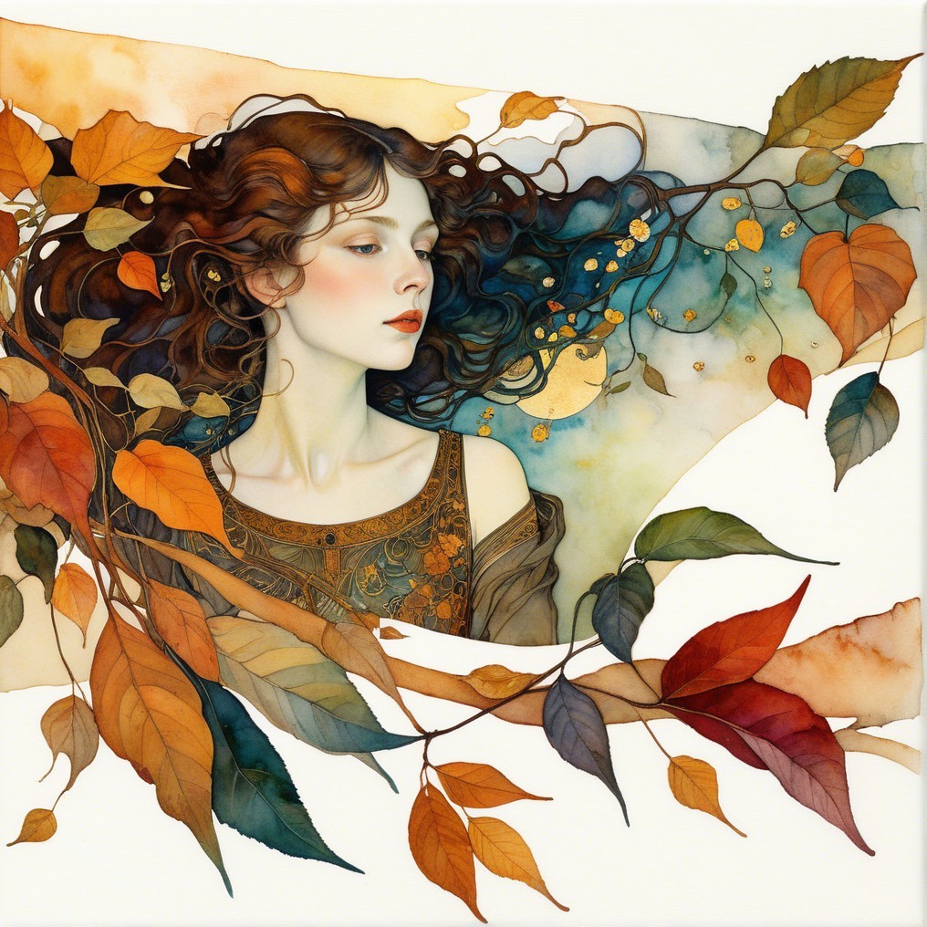 Serene Woman Surrounded by Autumn Leaves and Colors