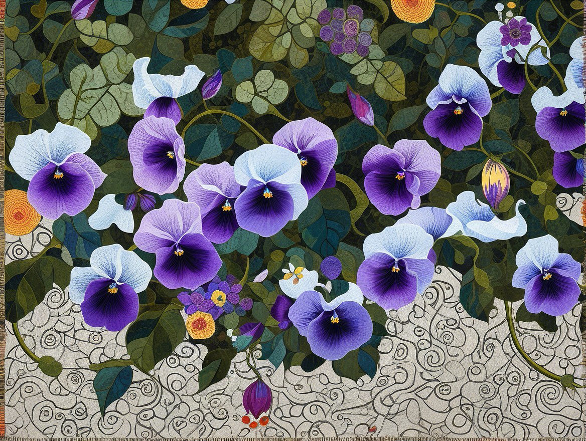 Vibrant Pansy Flower Pattern with Green Leaves and Circles
