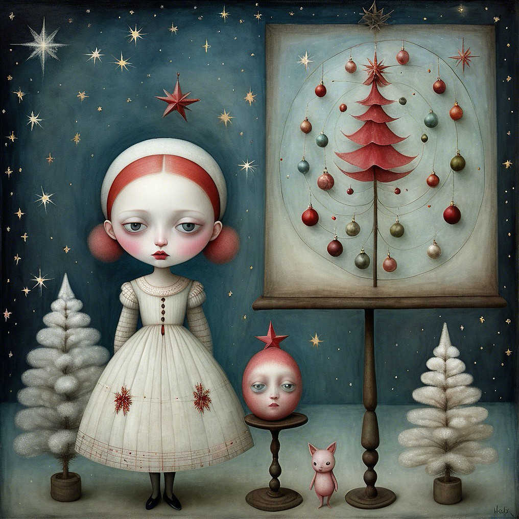 Whimsical Scene with Girl, Christmas Tree, and Piglet